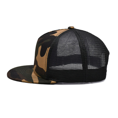 Πολυεστερικό πλέγμα Camo βαμβακερό ύφασμα Trucker Cap 5 Panel Flat Brim Outdoor Cap Customize Logo