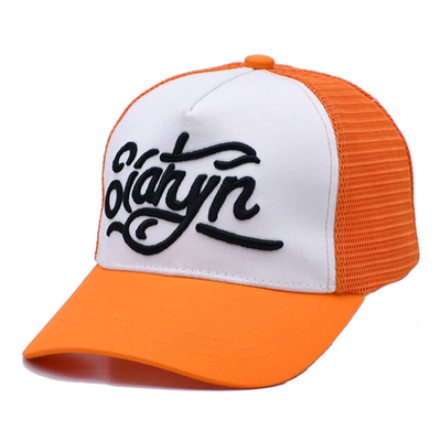 Unisex 5 Panel Trucker Cap Custom 3d Έμβρυα Κουρφή Γωνία Σατέν Ελαχιστοποιημένα Πορτοκαλί Δαχτυλό Καπέλα