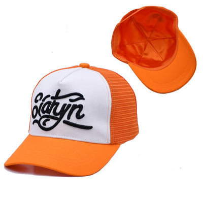 Unisex 5 Panel Trucker Cap Custom 3d Έμβρυα Κουρφή Γωνία Σατέν Ελαχιστοποιημένα Πορτοκαλί Δαχτυλό Καπέλα