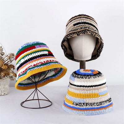 Προσαρμοσμένο καπέλο crochet φθινόπωρο χειμώνα χρωματιστά χειροποίητα ριγέ πλεκτά ευέλικτα καπέλα crochet κουβάς παχύ καπέλο γυναικών ψαράς καπέλο