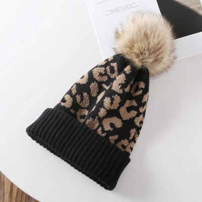 Υψηλής ποιότητας Pom Pom Winter Leopard Print Beanie Wholesale μαλακά ζεστά πλεκτά καπέλα με μαντήλια
