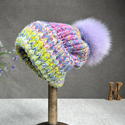 Γυναίκες Νέα Wool Rabbit Fur Fur Pompom Hat Oil Painting Style Outdoor Warm Skullies Beanie Χειμερινό καπέλο