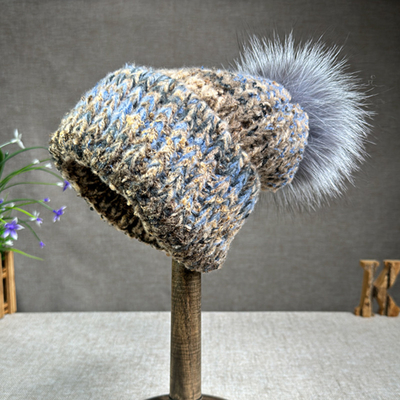 Γυναίκες Νέα Wool Rabbit Fur Fur Pompom Hat Oil Painting Style Outdoor Warm Skullies Beanie Χειμερινό καπέλο
