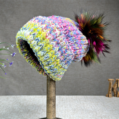 Γυναίκες Νέα Wool Rabbit Fur Fur Pompom Hat Oil Painting Style Outdoor Warm Skullies Beanie Χειμερινό καπέλο