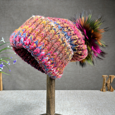 Γυναίκες Νέα Wool Rabbit Fur Fur Pompom Hat Oil Painting Style Outdoor Warm Skullies Beanie Χειμερινό καπέλο