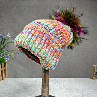 Γυναίκες Νέα Wool Rabbit Fur Fur Pompom Hat Oil Painting Style Outdoor Warm Skullies Beanie Χειμερινό καπέλο
