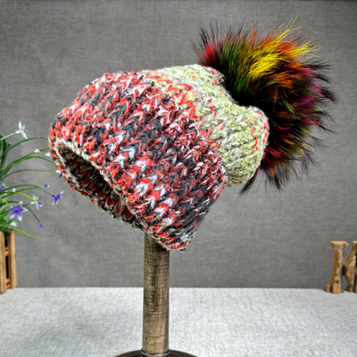 Γυναίκες Νέα Wool Rabbit Fur Fur Pompom Hat Oil Painting Style Outdoor Warm Skullies Beanie Χειμερινό καπέλο