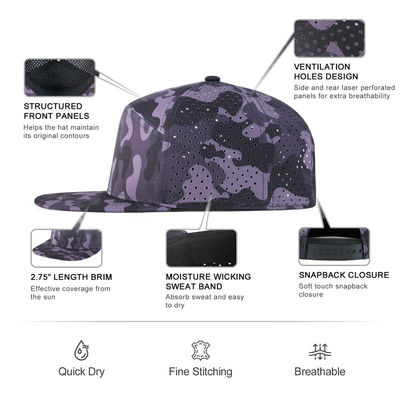 Προσαρμοσμένο καπέλο Snapback Προσαρμόσιμη απόδοση Λάζερ κόψιμο τρύπα Perforated καπέλο Snapback