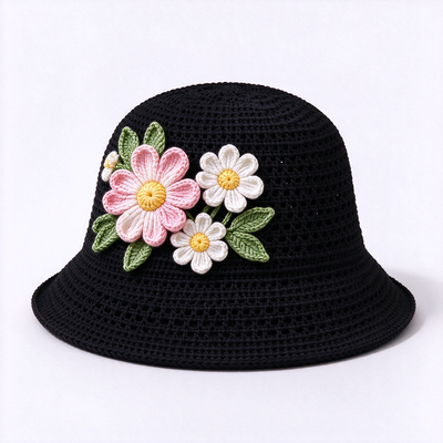 20 χρόνια εμπειρία στην κατασκευή καπέλων 3D Floral Applique Crochet Bucket Hat κατασκευασμένο από νήματα βαμβακιού κατάλληλο για ταξίδια