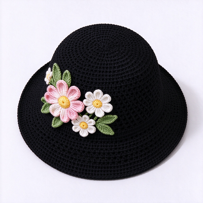 20 χρόνια εμπειρία στην κατασκευή καπέλων 3D Floral Applique Crochet Bucket Hat κατασκευασμένο από νήματα βαμβακιού κατάλληλο για ταξίδια