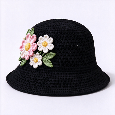 20 χρόνια εμπειρία στην κατασκευή καπέλων 3D Floral Applique Crochet Bucket Hat κατασκευασμένο από νήματα βαμβακιού κατάλληλο για ταξίδια