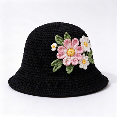 20 χρόνια εμπειρία στην κατασκευή καπέλων 3D Floral Applique Crochet Bucket Hat κατασκευασμένο από νήματα βαμβακιού κατάλληλο για ταξίδια
