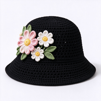 20 χρόνια εμπειρία στην κατασκευή καπέλων 3D Floral Applique Crochet Bucket Hat κατασκευασμένο από νήματα βαμβακιού κατάλληλο για ταξίδια