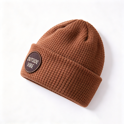 Waffle Knit Beanie Hats Adult Leather Patch Custom Options Designed for Stylish Cold Weather Protection
